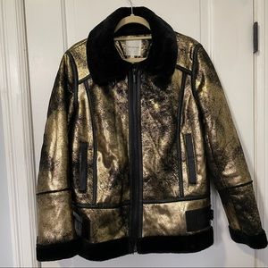 Gold jacket with faux fur and leather trim